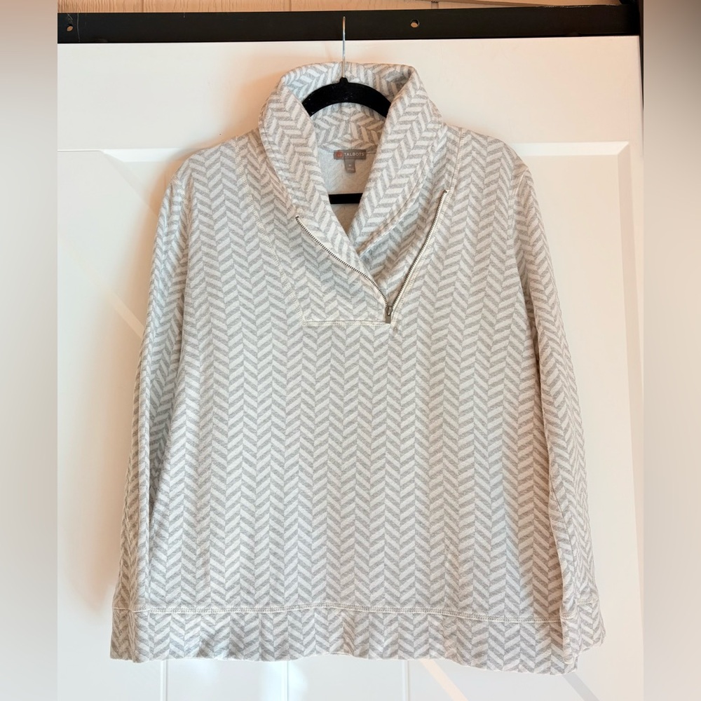 Talbots Medium Gray Herringbone 1/4 Zip Shawl Collar Sweater 100% Cotton